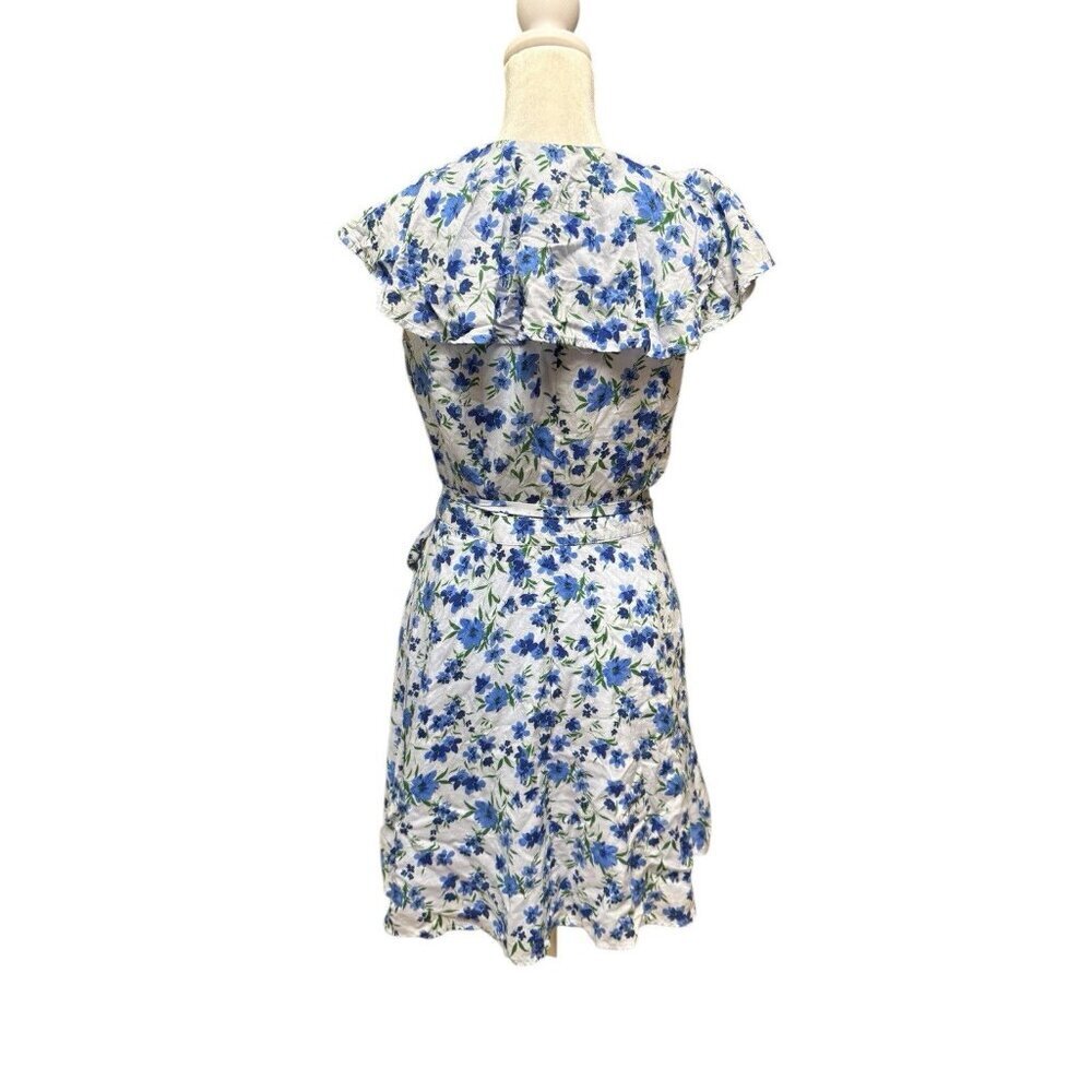 Gianni Bini Blue Floral Wrap Dress Size S Ruffle V-Neck Tie Waist - Picture 2 of 4